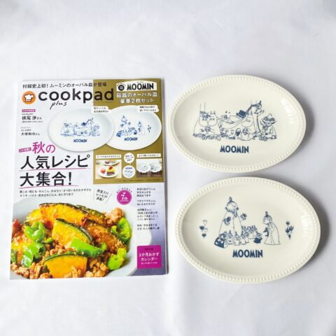 【開封レビュー】cookpad plus(クックパッド プラス) 2025年 秋号《特別付録》MOOMIN(ムーミン) 磁器のオーバル皿 豪華2枚セット